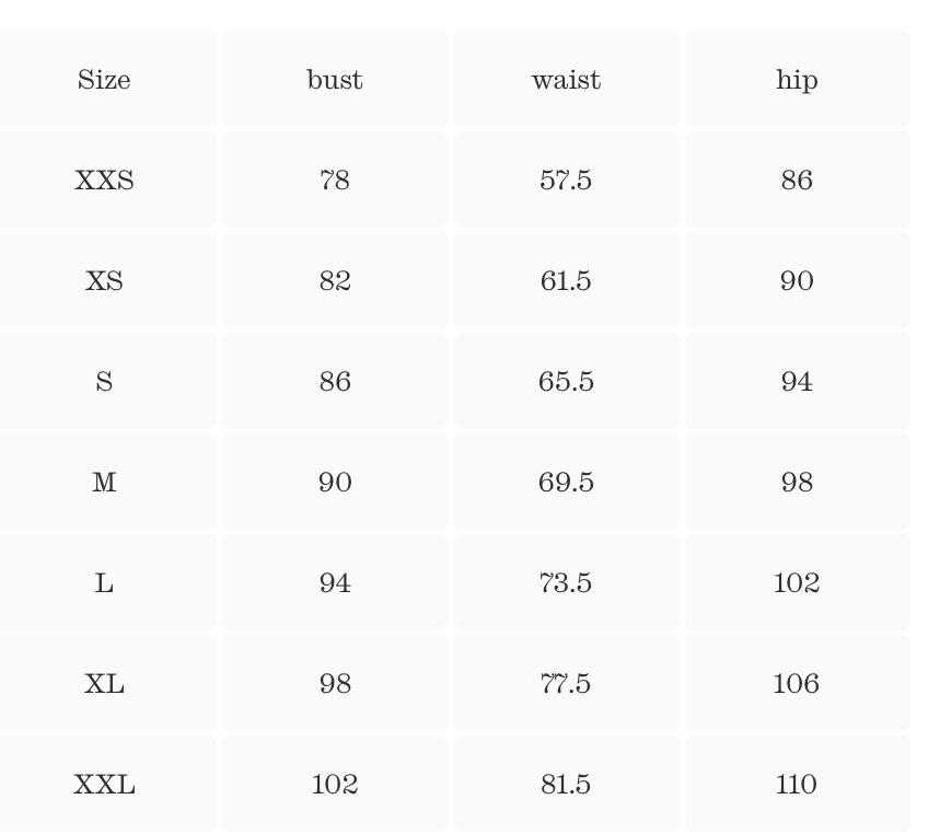 Size guide chart