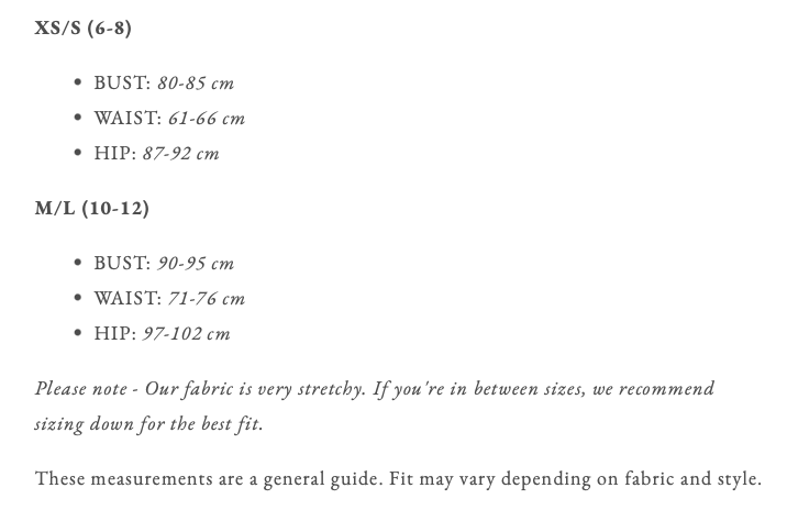 Size guide chart