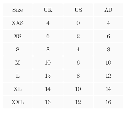 Size guide chart