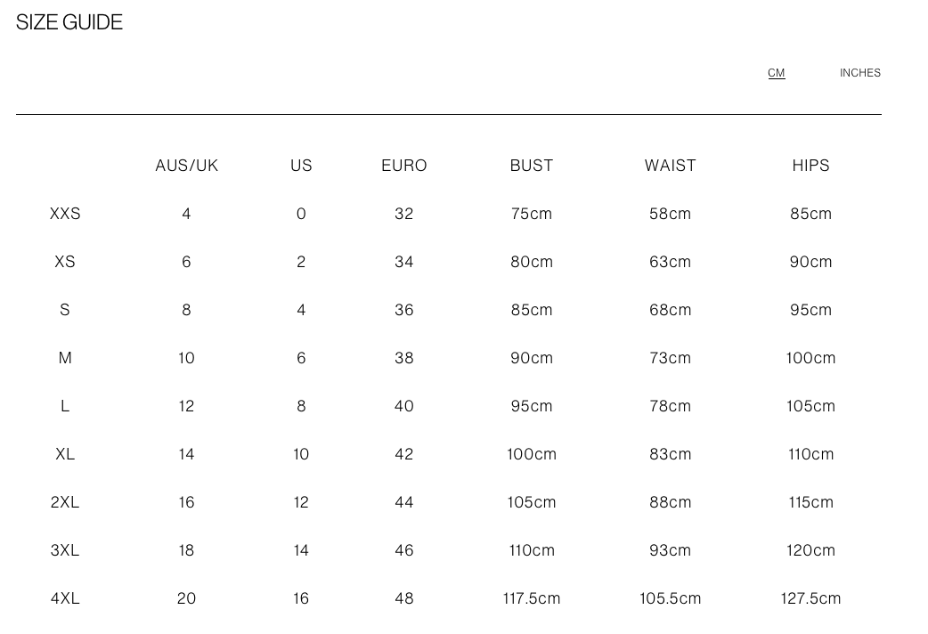 Size guide chart