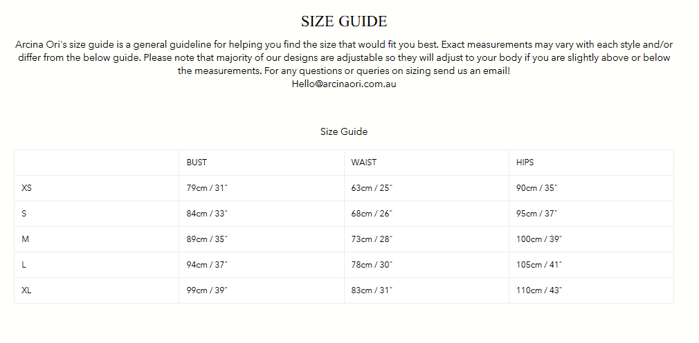 Size guide chart