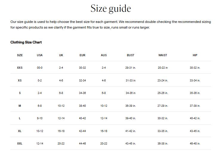 Size guide chart