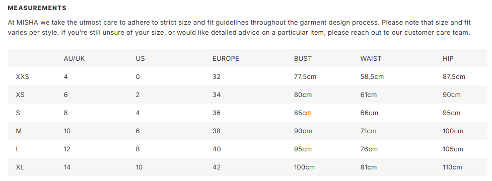 Size guide chart