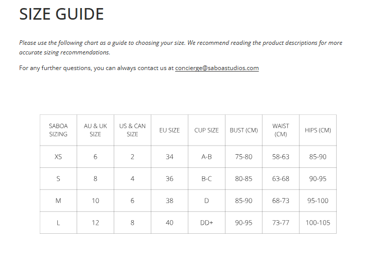 Size guide chart